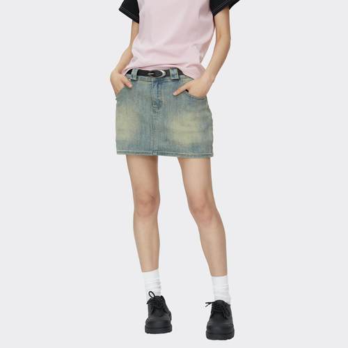 TCPerror 新款A字裙复古学院风修身包臀显瘦黄泥牛仔少女半身短裙