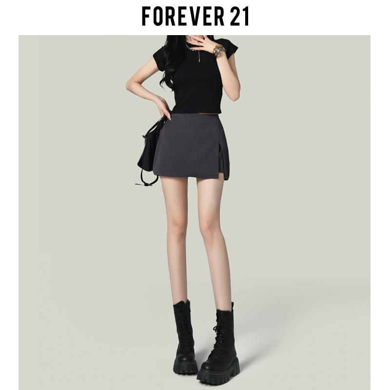 Forever21美式灰色A字开叉西装半身裙女复古高腰防走光包臀短裤裙