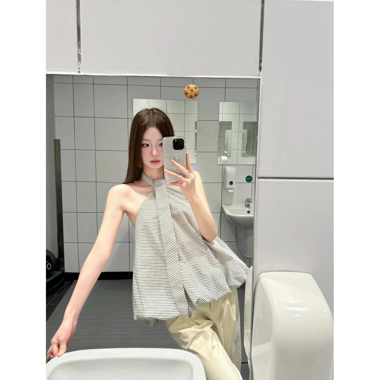 kumikumi设计感条纹领带挂脖背心女夏季别致显瘦百搭露肩辣妹上衣