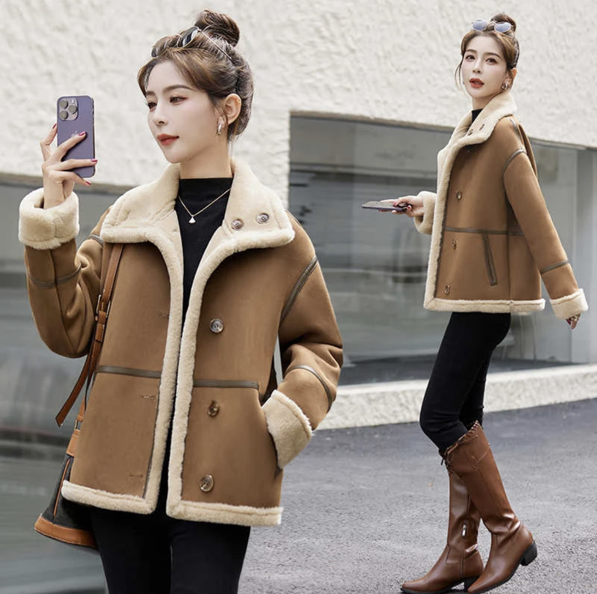 通勤风皮毛一体短款加厚外套