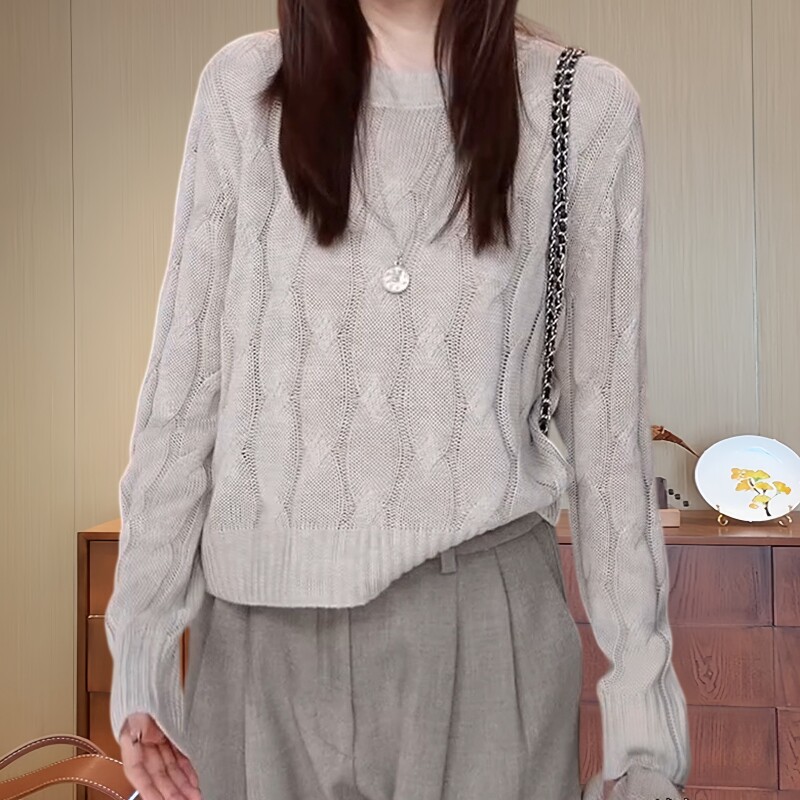 秋季新款休闲风针织衫上衣女大码时尚通勤宽松显瘦气质麻花毛衣潮