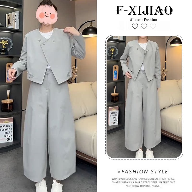 新款时尚休闲显瘦秋季穿搭套装韩版大码百搭长袖外套+高腰阔腿裤