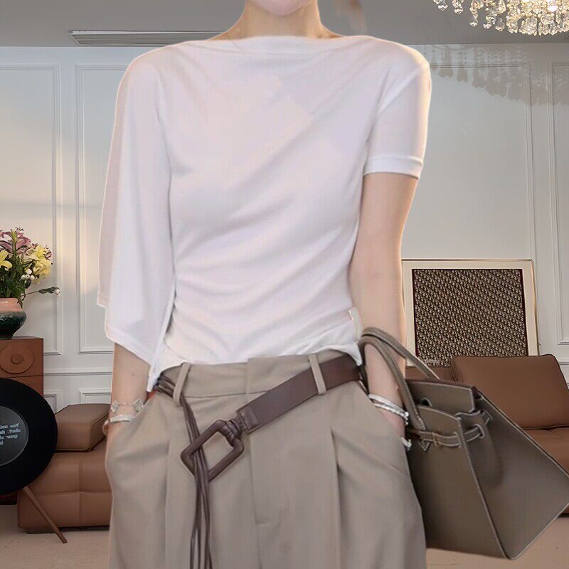 微胖显瘦一字领短袖T恤女夏季