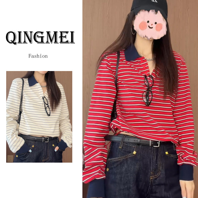 时尚撞色条纹长袖T恤新款休闲POLO衫今年流行的爆款女装秋上衣潮