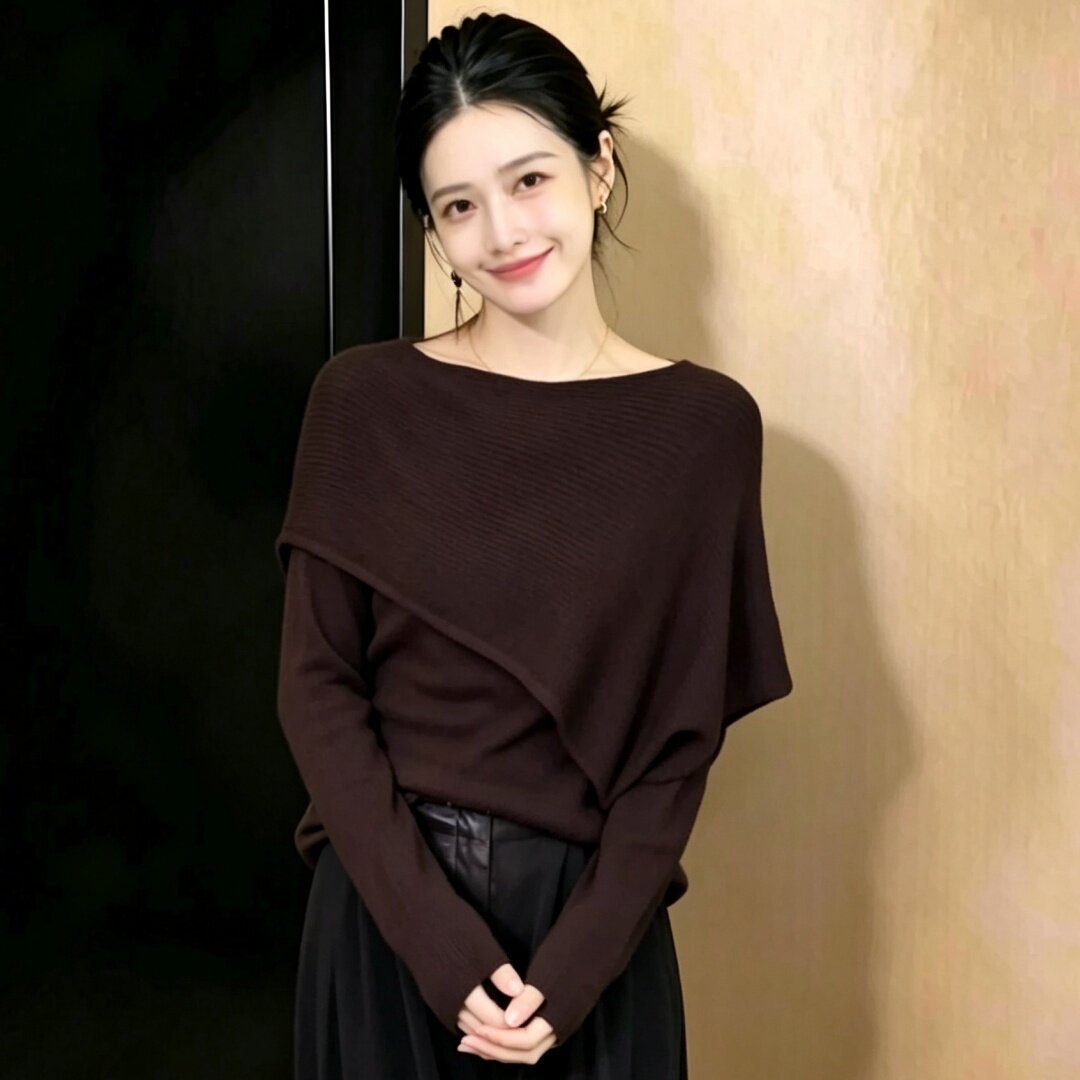 时尚别致假两件针织衫女款2026新款洋气不对称毛衣秋季穿搭上衣潮