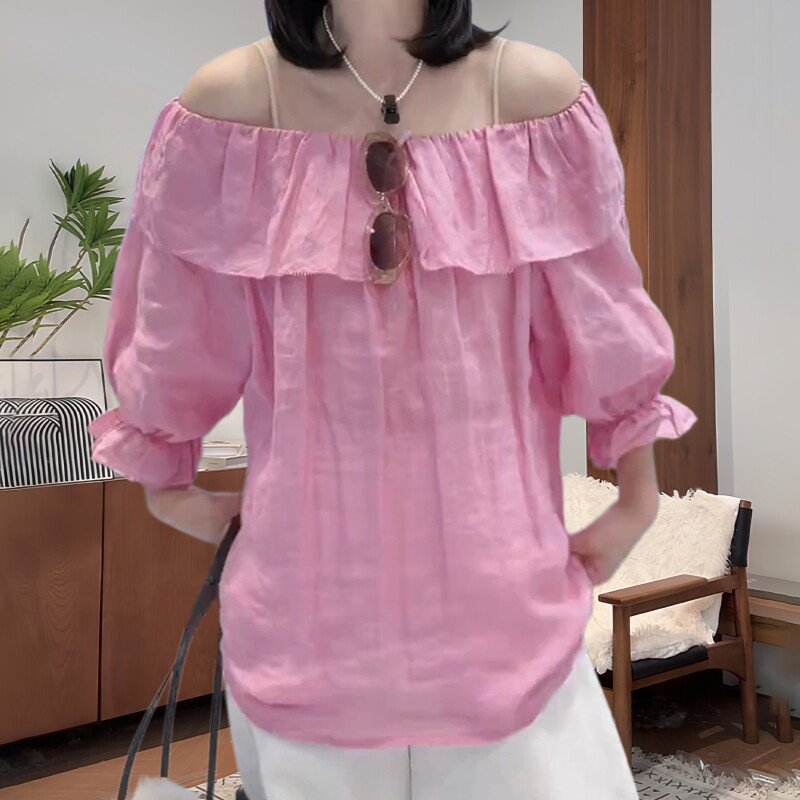 夏季法式一字领露肩显瘦衬衫女
