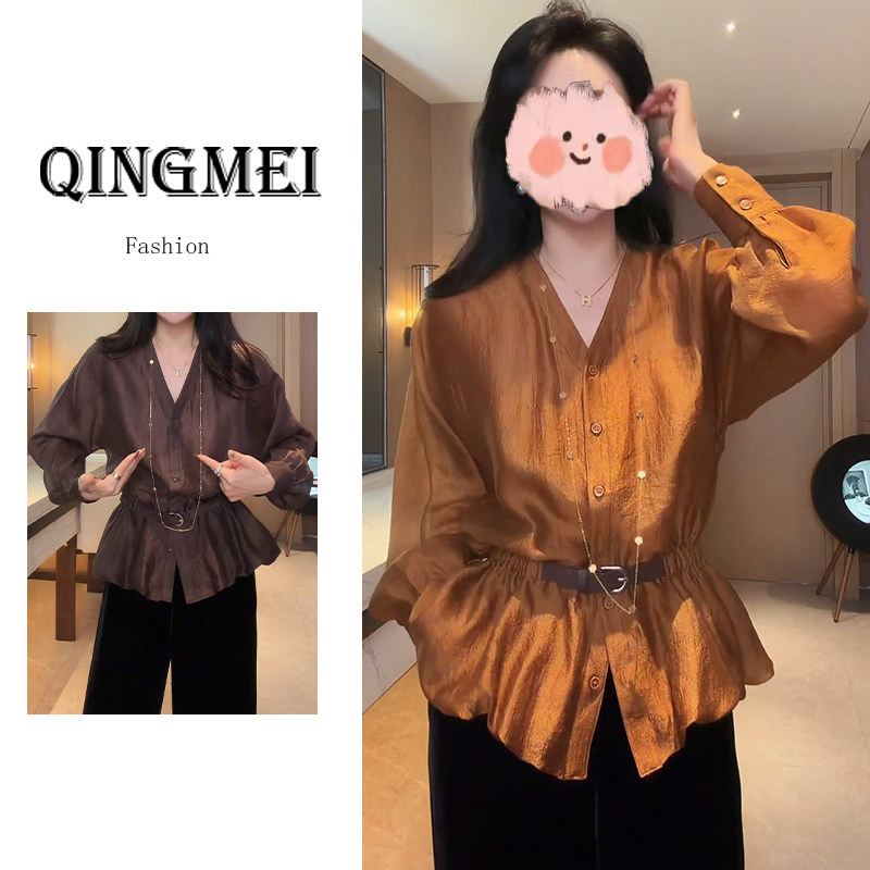小众高级感优雅风长袖衬衫女上衣轻奢秋季穿搭显瘦百搭V领衬衣潮