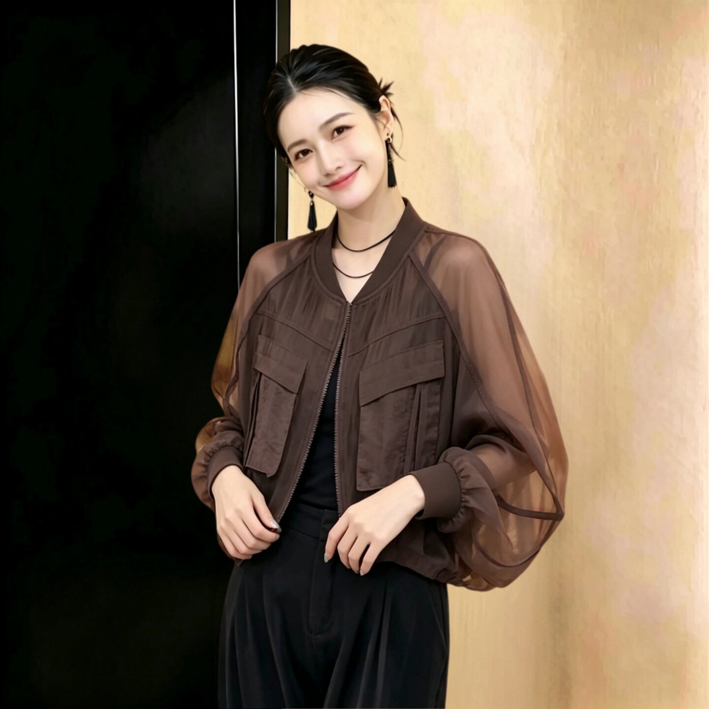 大码时尚休闲风长袖衬衫新款松弛感宽松显瘦气质拉链设计外套女装