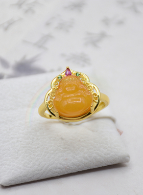 天然老蜜蜡佛公戒指合金镶嵌满蜜鸡油黄复古国风大肚佛指环 Rwbuy