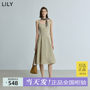 简约法式 LILY2025秋新款 纯色方领收腰气质休闲通勤吊带裙连衣裙女