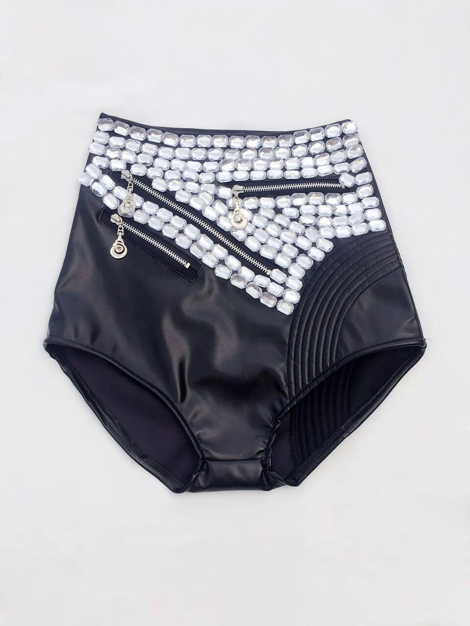 ds演出服夜店女歌手爵士舞领舞服个性手工镶钻高腰皮短裤DJ酒吧