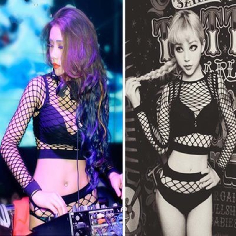 新款DS演出服女DJ女歌手夜店酒吧爵士舞服性感时尚黑色渔网格套装