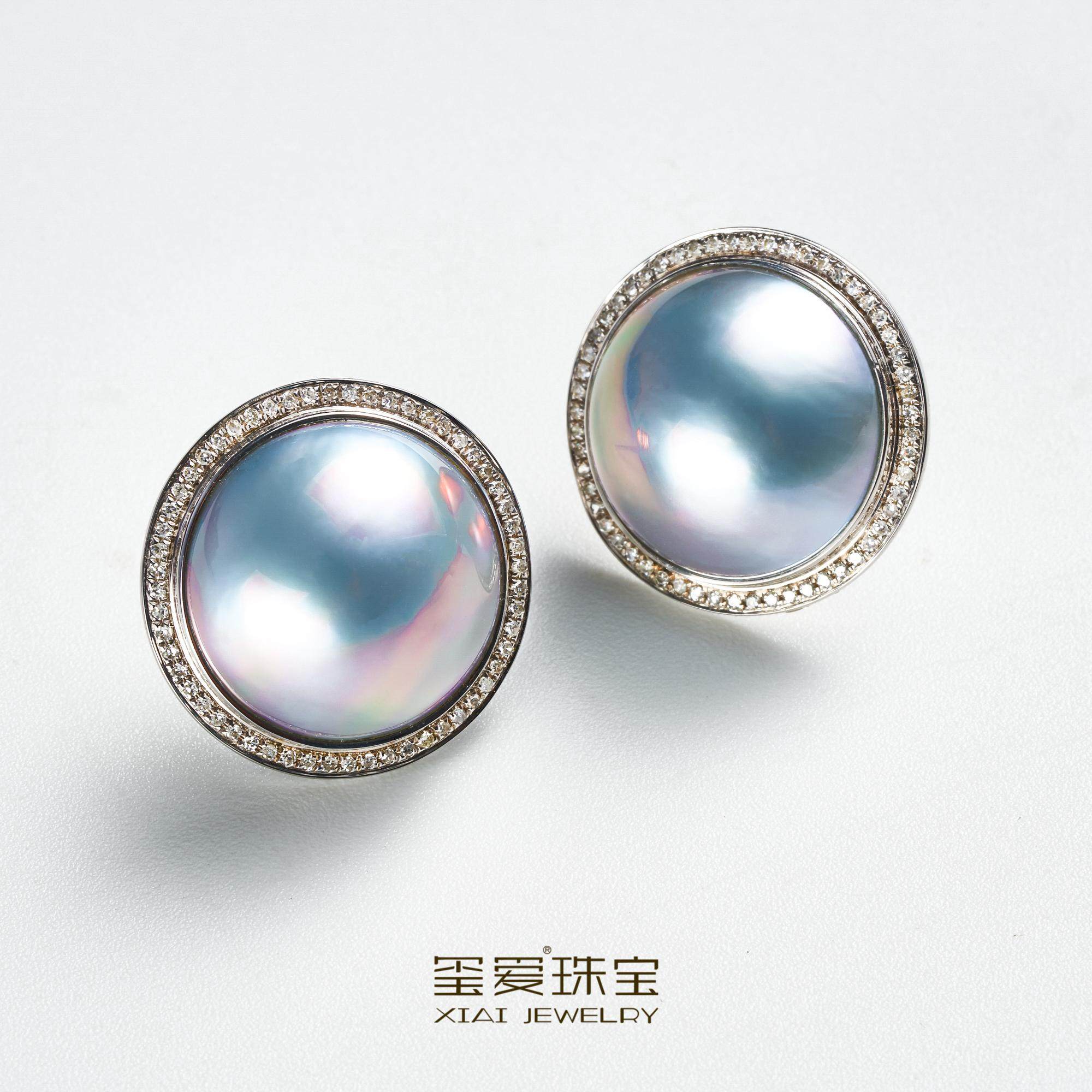 玺爱珠宝18k金钻石天然海水星空蓝马贝珍珠耳钉轻奢正品