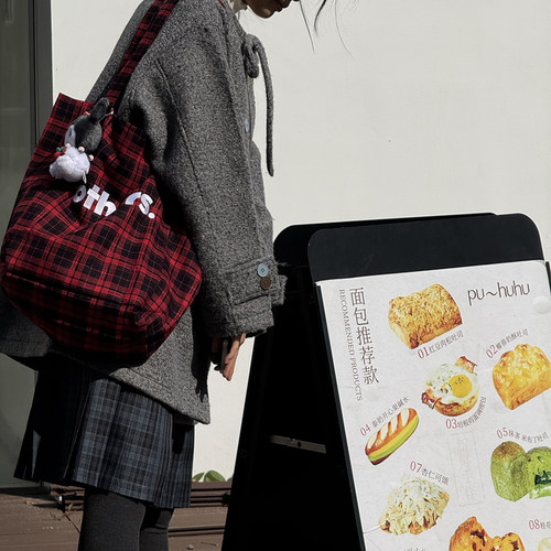 others. 复古格纹手提包女ins风轻便单肩刺绣磨毛 大容量帆布包