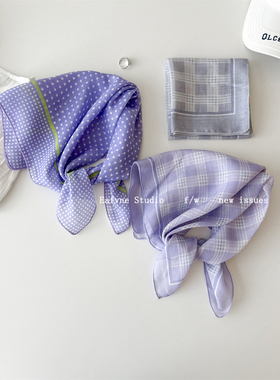 紫色很有韵味棉麻简约波点格子包头丝巾女春夏新款围巾百搭小方巾