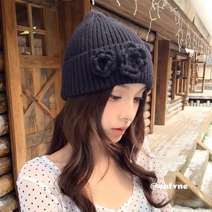 麻灰色绞花包头帽高级感立体钩花花朵针织帽子女秋冬保暖毛线帽