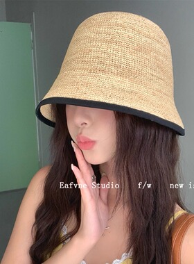 高级感气质拉菲草草帽超细手工