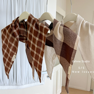 巨软糯复古秋冬经典格子女韩版百搭装饰三角巾显白领巾薄款小围脖