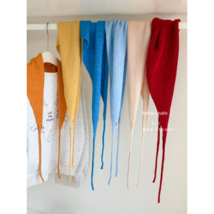 显白湖蓝针织三角巾ins外搭时髦披肩女围脖包头巾色彩高级感系带