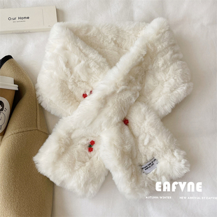 韩国学生樱桃毛毛围巾秋冬女加厚保暖仿兔毛围脖可爱加厚保暖毛领
