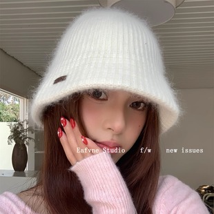 高级感浣熊绒羊毛混纺针织毛线帽软糯渔夫帽秋冬百搭美拉德盆帽