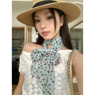 薄荷绿法式波点印花丝巾女2025新款春夏慵懒风配饰系脖长围巾发带