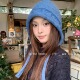 显脸小显白蓝色绑带针织帽女秋冬大头围纯色毛线帽保暖护耳包头帽