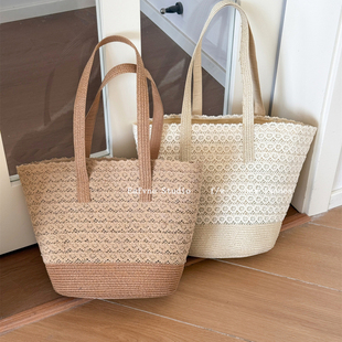 海边度假编织包女新款 甜美蕾丝大容量托特包草编包通勤水桶包 夏季