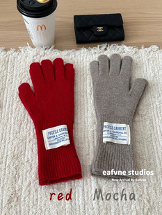 出口韩国ins博主含羊毛手套女毛线针织触屏布标加厚户外保暖骑车