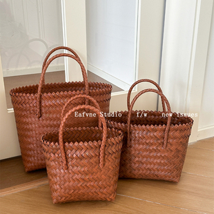 藤编手提包女复古草编手工编织包大容量托特包菜篮子单肩包沙滩包