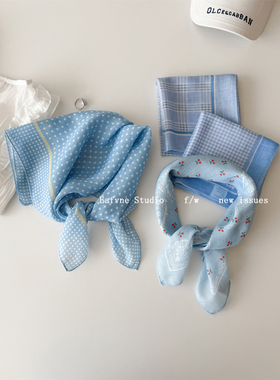 蓝色系显白高级感碎花丝巾棉麻格子小方巾女春夏新款围巾装饰发带