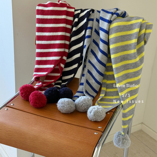 港风复古针织条纹毛球外披复古三角围巾女秋冬保暖装 饰披肩围脖