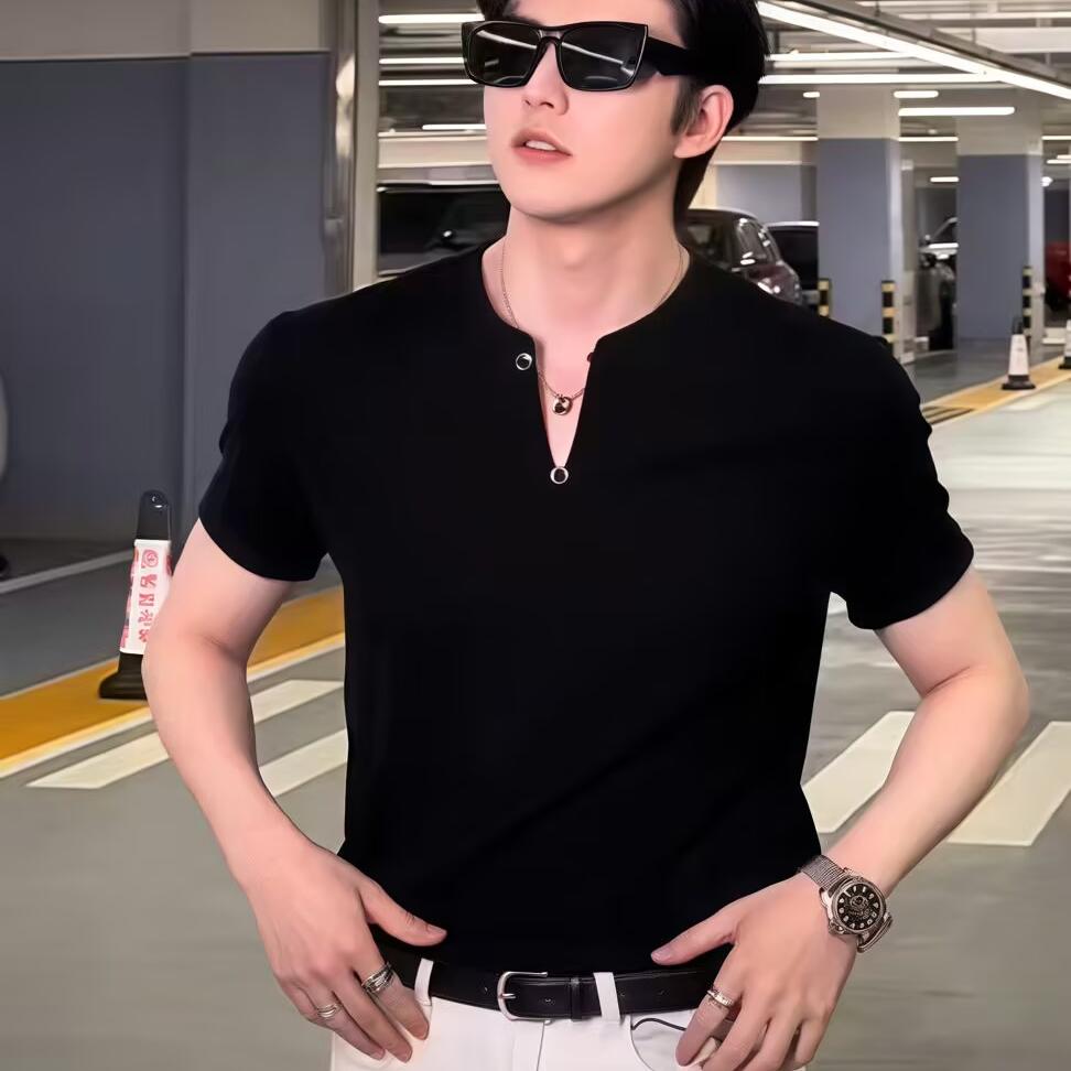 网红爆款短袖t恤男款夏季薄款修身V领半袖潮流高级设计感痞帅上衣