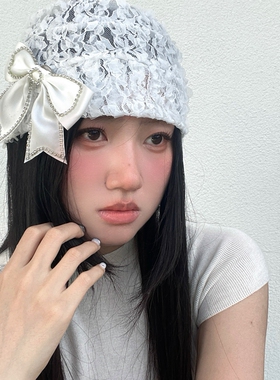 春夏原创设计可自由搭配韩系氛围感蝴蝶结套头帽可爱ins蕾丝帽子