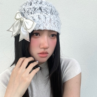 春夏原创设计可自由搭配韩系氛围感蝴蝶结套头帽可爱ins蕾丝帽子