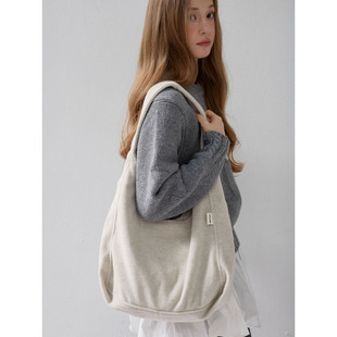 ins百搭纯色大容量羊毛呢灰色包包单肩手提包复古日常通勤托特包