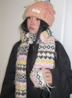 经典复古费尔岛风羊毛混纺保暖围巾女冬季围脖百搭围脖ins风围巾