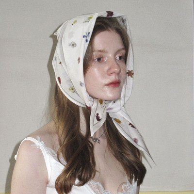 春游度假法式花朵三角巾丝巾两戴~春夏季装饰头巾田园包头丝巾女