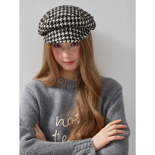 复古摩登设计感千鸟格短檐盆帽显脸小百搭云朵帽时尚 八角帽画家帽