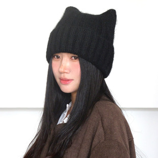 韩系搭配超可爱猫耳朵百搭灰色复古冷帽时髦古早感包头针织帽子女