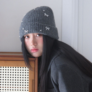 韩系学院风珍珠蝴蝶结针织帽子可爱包头帽百搭显脸小套头帽小香风