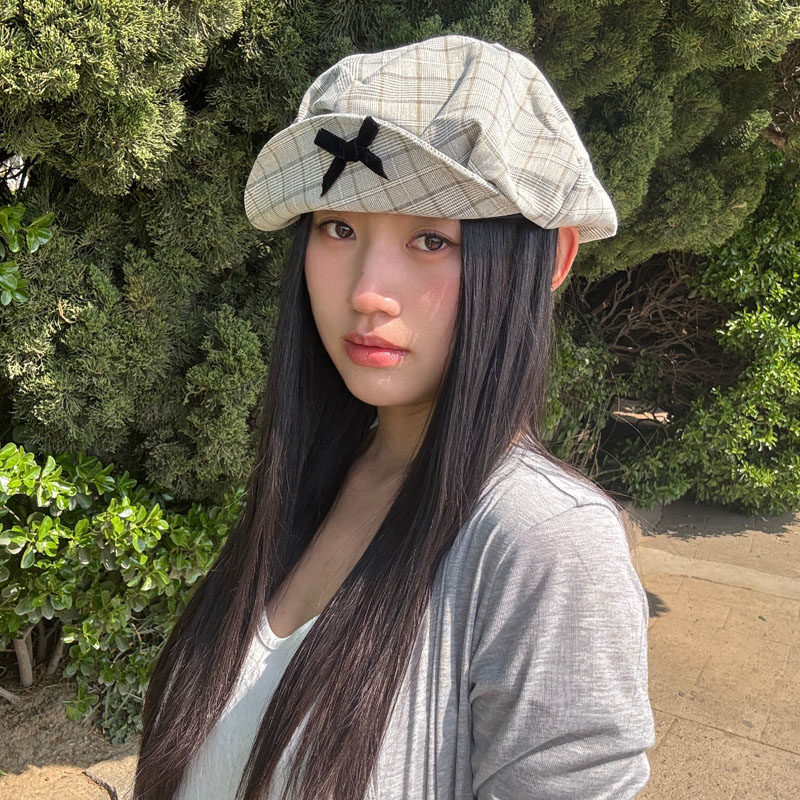 春夏薄款大版轻薄蝴蝶结八角帽文艺复古格纹报童帽英伦时尚画家帽
