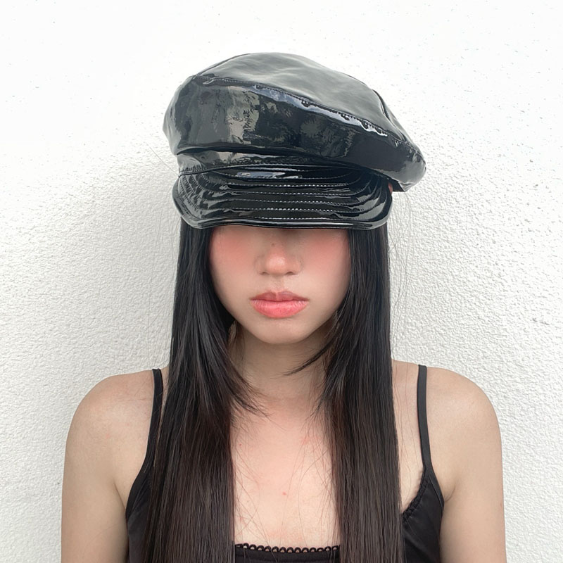 黑色漆皮时装帽纯色八角帽子时尚网红潮显脸小漆皮美式复古报童帽