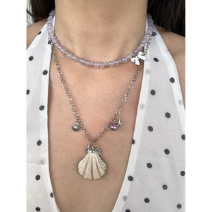 原创手作度假风贝壳水晶串珠设计款 多层叠戴ins百搭高级感锁骨链