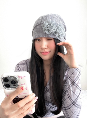 春夏薄款韩系复古可爱玫瑰花朵针织帽堆堆帽ins小众设计套头帽女