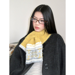 费尔岛风雪花交叉围巾保暖加厚高级凹造型毛绒百搭长条围巾韩系