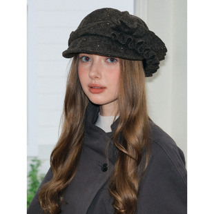 小众设计款 显脸小韩系帽子女生温柔气质八角帽 亮片褶皱报童帽时尚