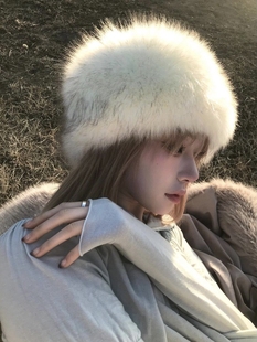 女士毛茸茸仿皮草女冬可爱毛绒帽子 冬季 白色毛毛帽子女款 2024新款