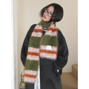 春和景明超出片撞色围巾 保暖围脖ins围巾 毛茸茸条纹围巾女冬季