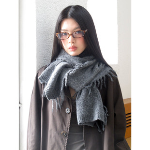 复古文艺范破碎感围巾流浪风纯色围脖含羊毛凹造型百搭流苏长围巾